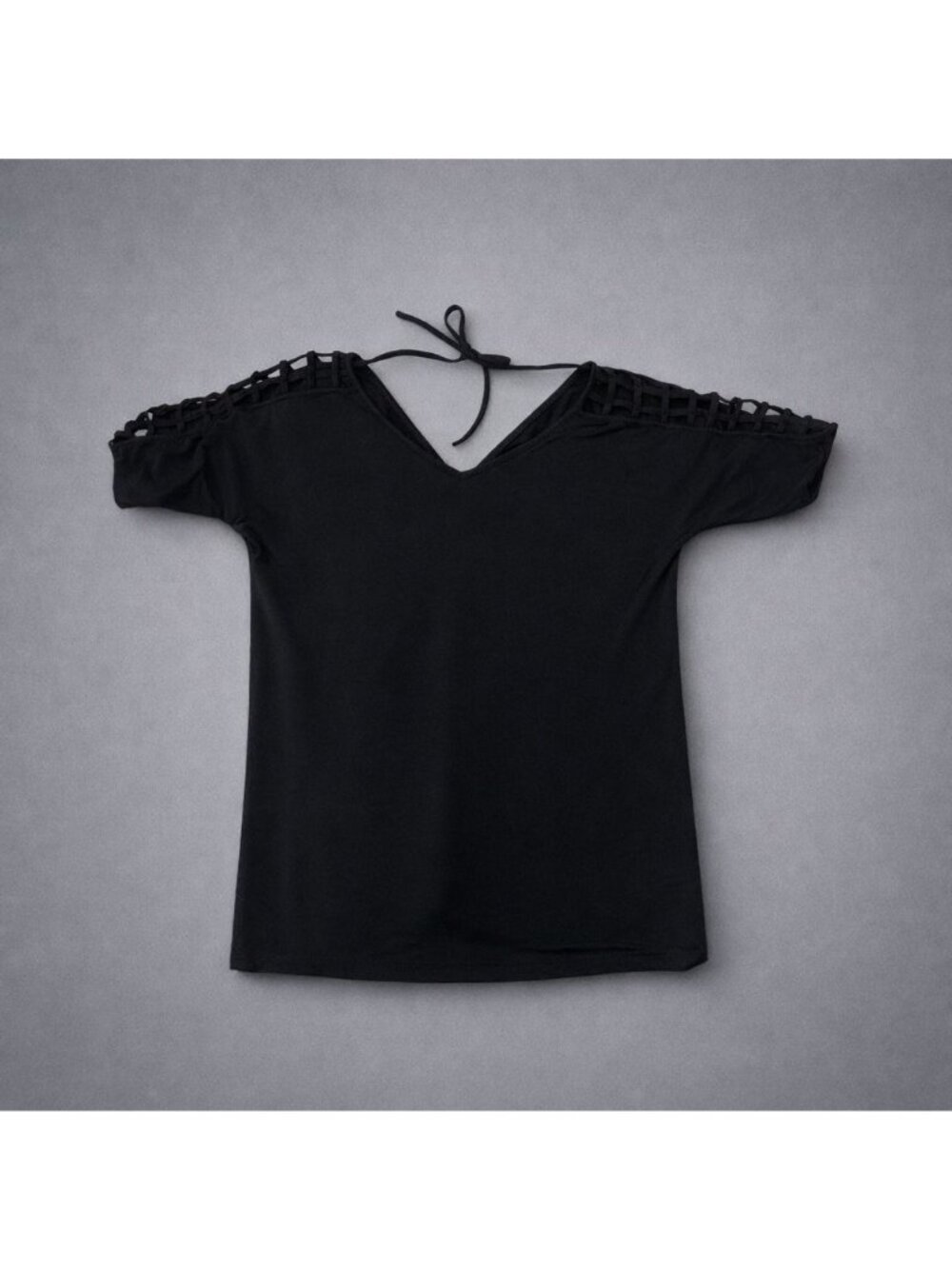 black tunic double V short sleeve open weave ladder accent swim cover‎ top